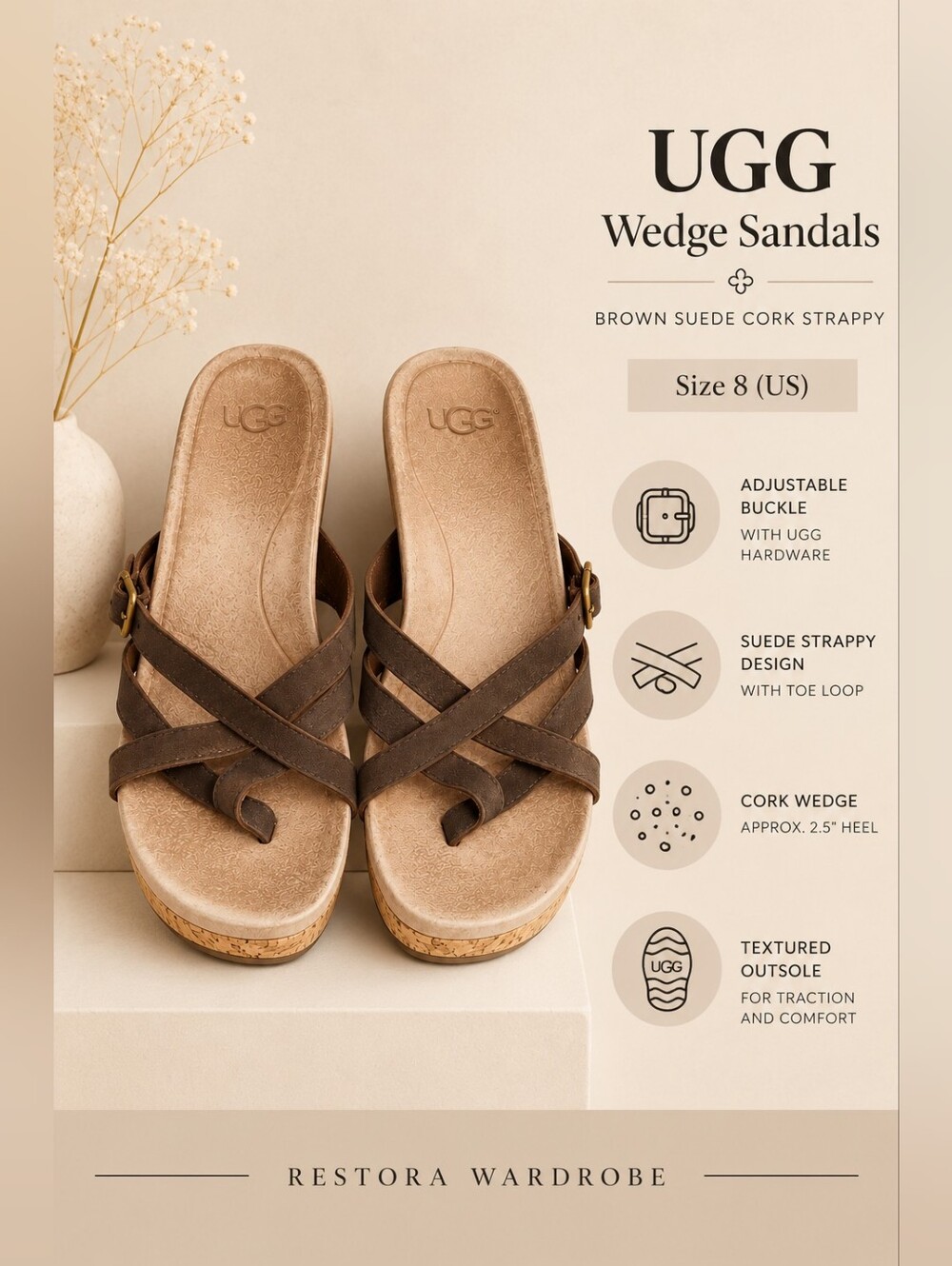 UGG Wedge Sandals Brown Suede Cork Strappy Boho Size 8